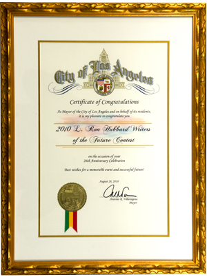 Resolution—City of Los Angeles: Presented to L. Ron Hubbard’s Writers of the Future Contest for achievements in the arts.